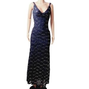 B. Darlin Blue Formal Deep V Sheer Back Maxi Sequin Dress Size: 1/2